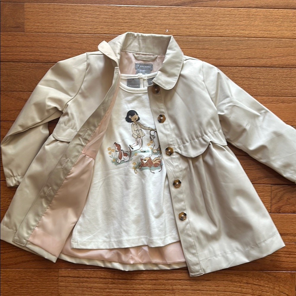 Tahari Girls Beige Trench Jacket with Graphic Tee and Tights